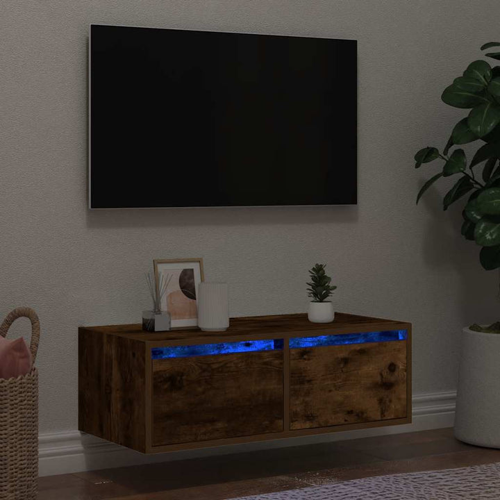 tv-bord med LED-lys 75x35,5x25 cm røget egetræsfarve