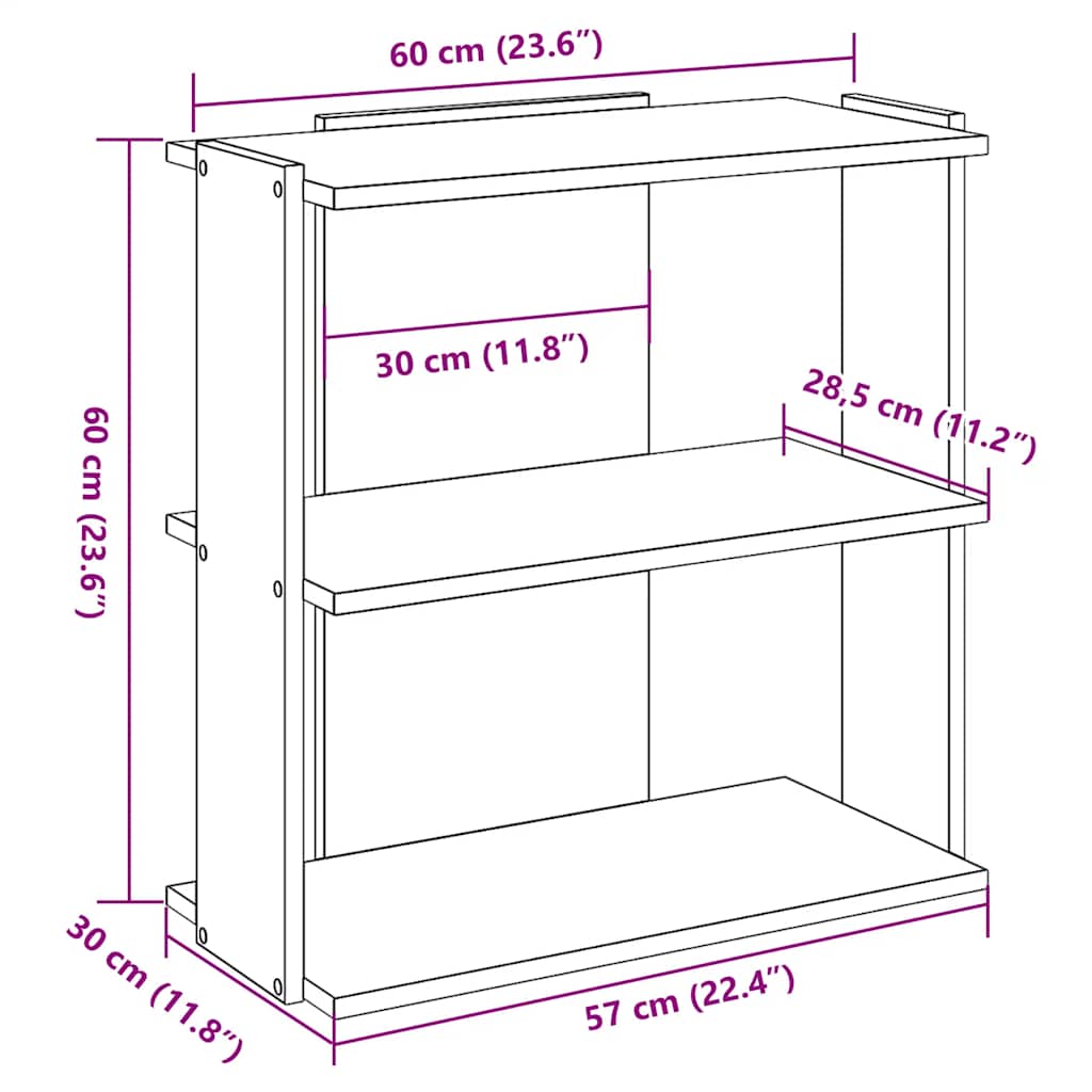 bogreol med 3 hylder 60x30x60 cm konstrueret træ hvid