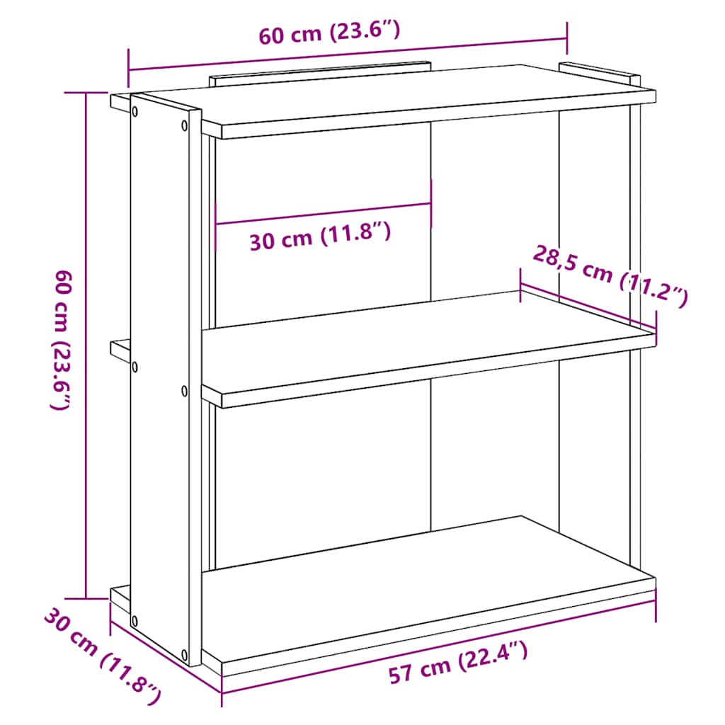 bogreol med 3 hylder 60x30x60 cm konstrueret træ sort