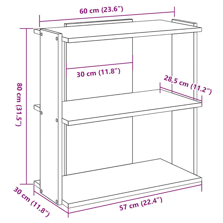 bogreol 60x30x80 cm 3 hylder konstrueret træ sonoma-eg