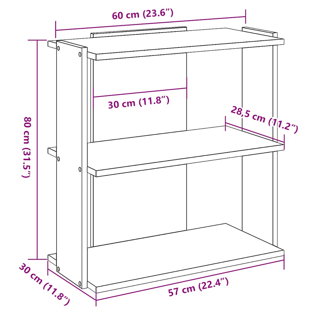 bogreol 60x30x80 cm 3 hylder konstrueret træ antikt træ