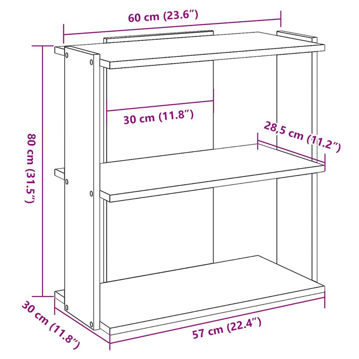 bogreol 60x30x80 cm 3 hylder konstrueret træ egetræsfarvet