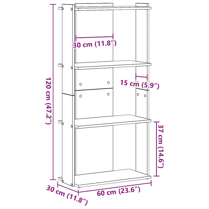 bogreol 60x30x120 cm 3 hylder konstrueret træ betongrå