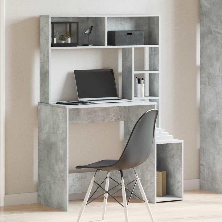 skrivebord m. hylder 100x45x140 cm konstrueret træ betongrå