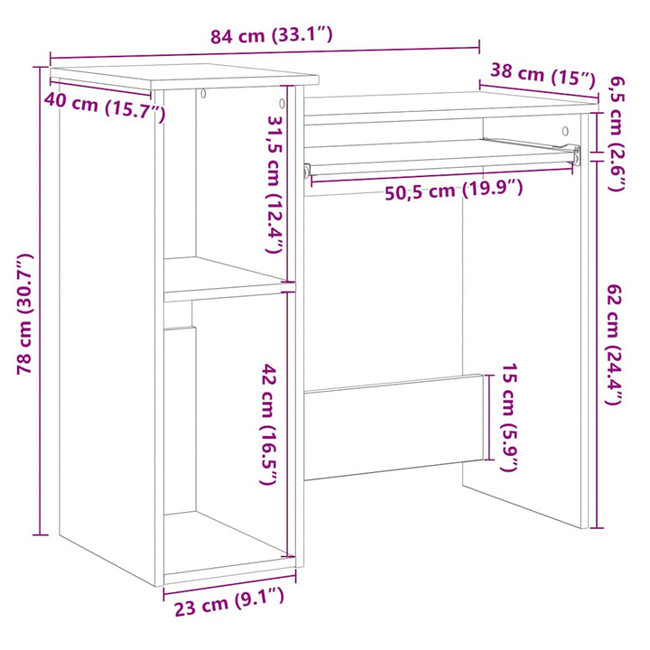 skrivebord m. hylder 84x40x78 cm konstrueret træ røget egetræ