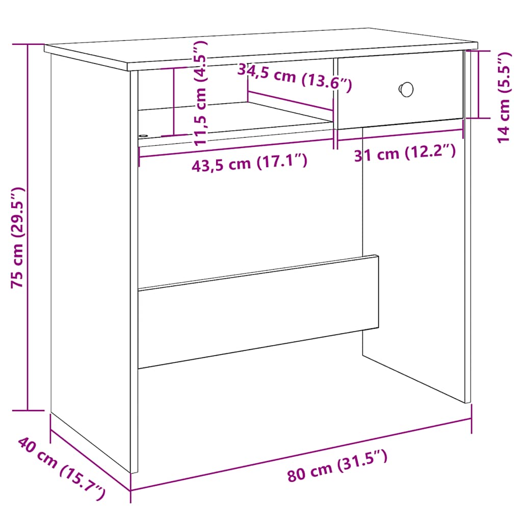 skrivebord 80x40x75 cm konstrueret træ sonoma-eg