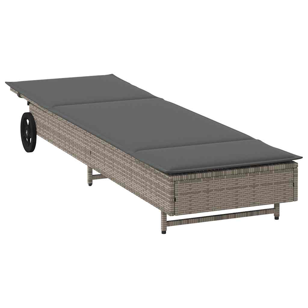 liggestol med hjul og hynde polyrattan grå