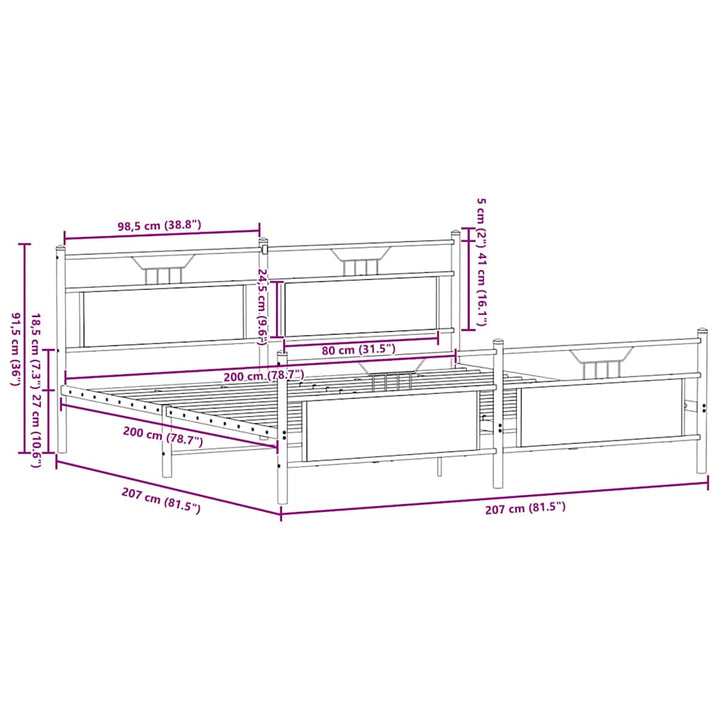 sengeramme uden madras 200x200 cm metal røget egetræsfarve