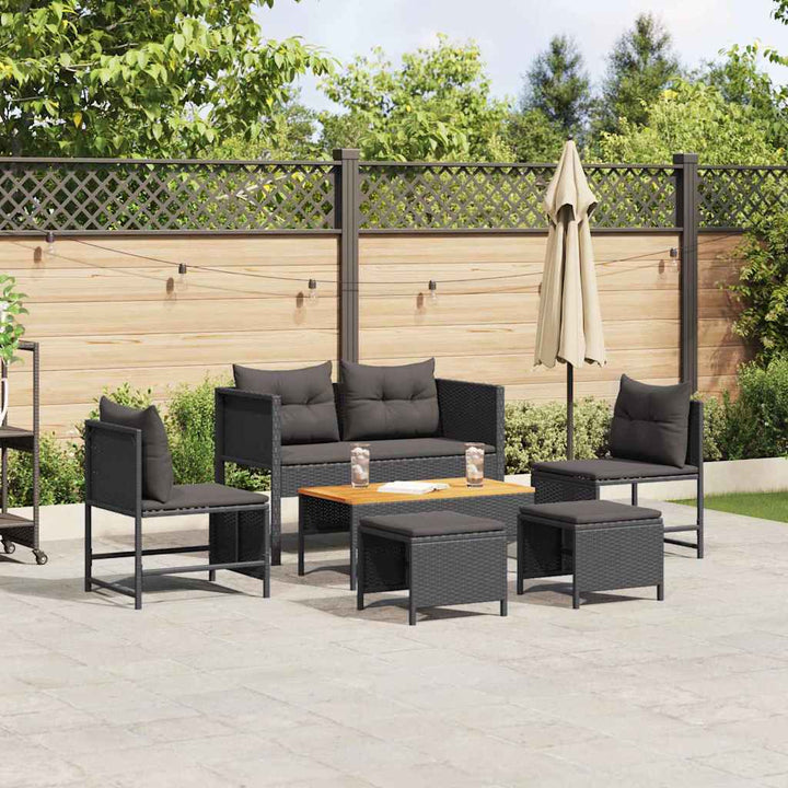 Havesofa Sæt med pude 6 pcs Sort polyrattan
