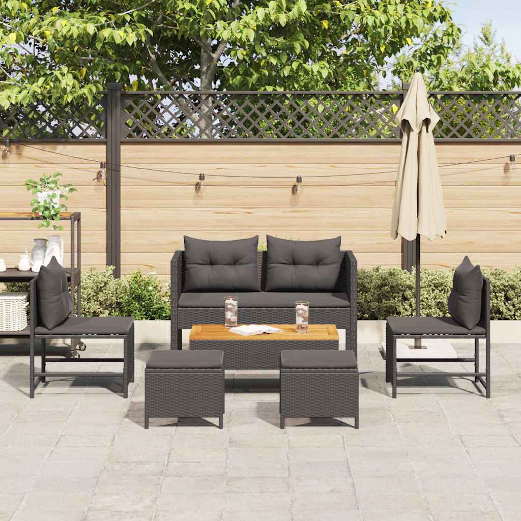 Havesofa Sæt med pude 6 pcs Sort polyrattan