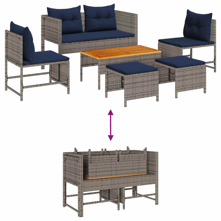 Havesofa Sæt med pude 6 pcs Grå og Marineblå polyrattan