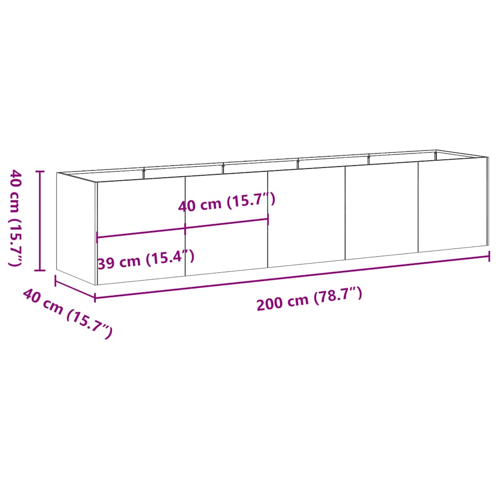 plantekasse rustfarvet 200x40x40 cm forvitringsstål