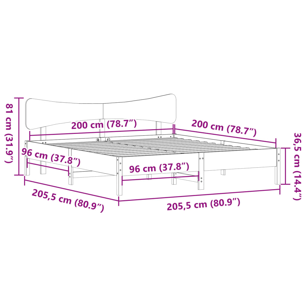 sengeramme uden madras 200x200 cm massivt fyrretræ hvid