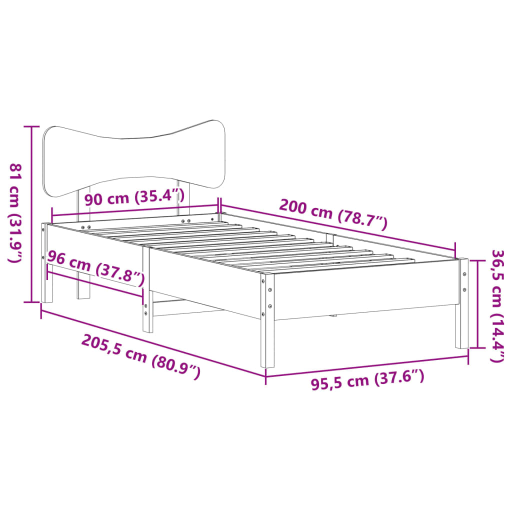 sengeramme uden madras 90x200 cm massivt fyrretræ hvid