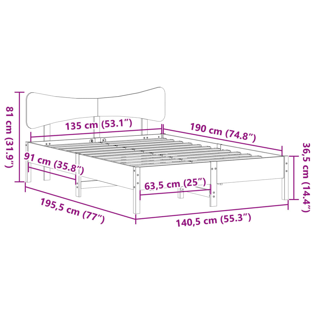 sengeramme uden madras 135x190 cm massivt fyrretræ brun