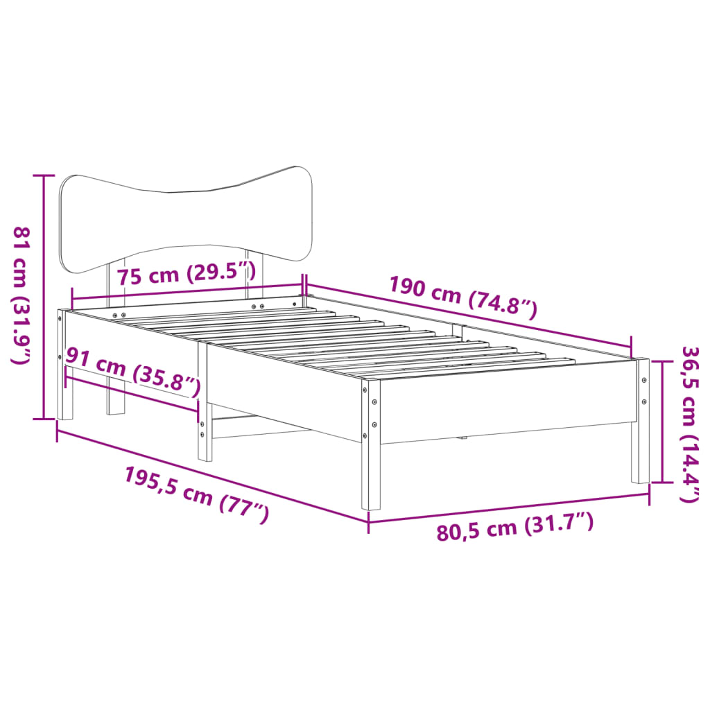 sengeramme uden madras 75x190 cm massivt fyrretræ