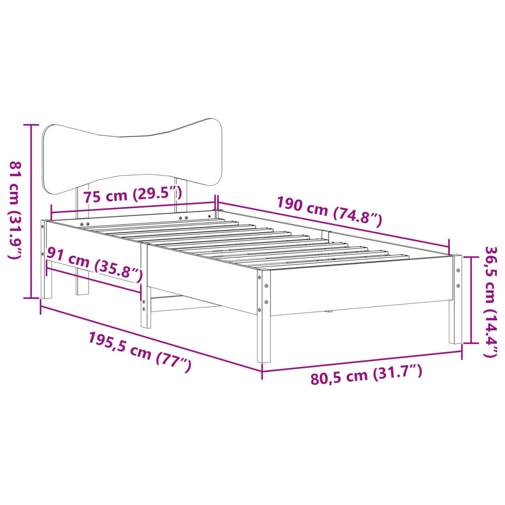 sengeramme uden madras 75x190 cm massivt fyrretræ gyldenbrun