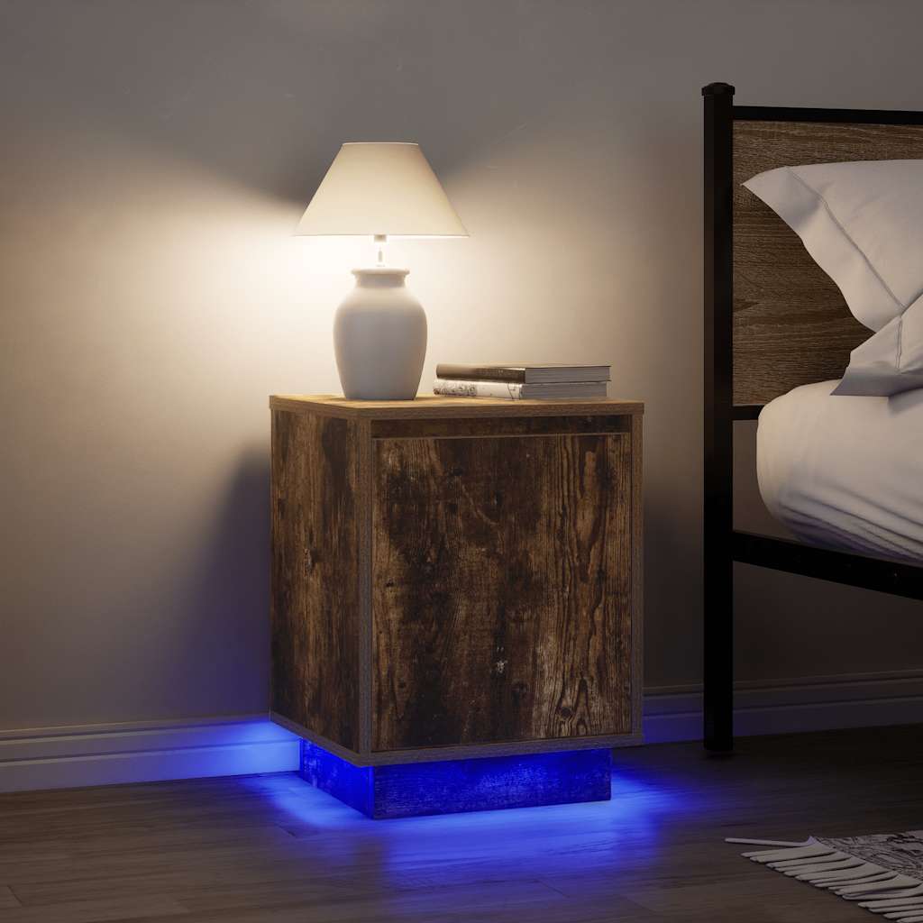 sengeskabe 2 stk. med LED-lys 38x34x50 cm røget egetræsfarve