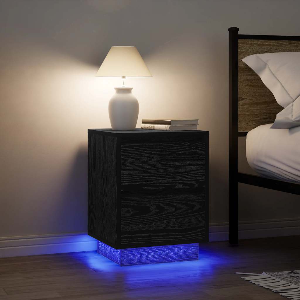 sengeskabe 2 stk. med LED-lys 38x34x50 cm sort