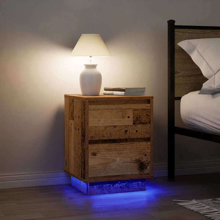sengeskabe 2 stk. med LED-lys 38x34x50 cm gammelt træ-look