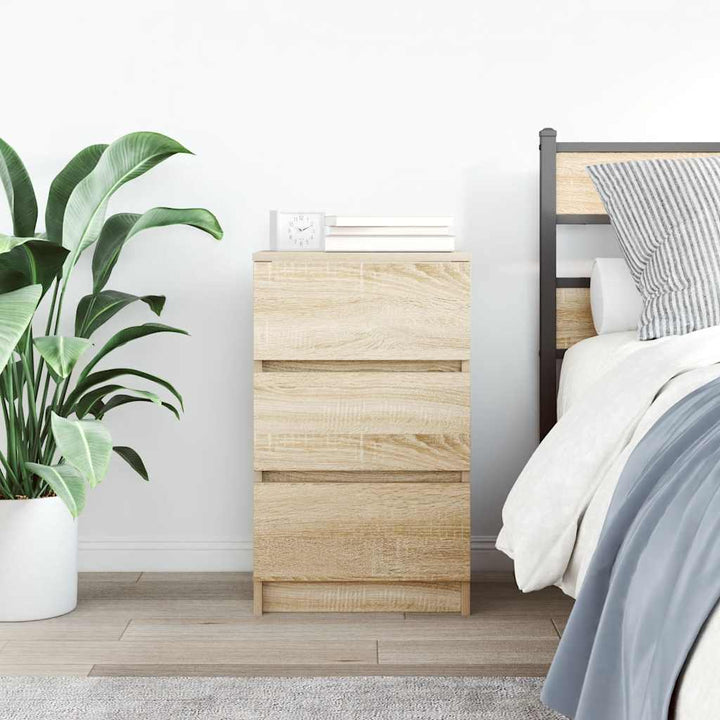 sengebord med 3 skuffer 39x35x65 cm sonoma-eg