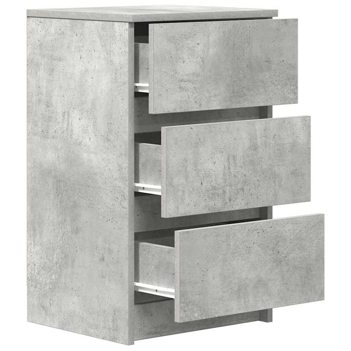 sengebord med 3 skuffer 39x35x65 cm betongrå