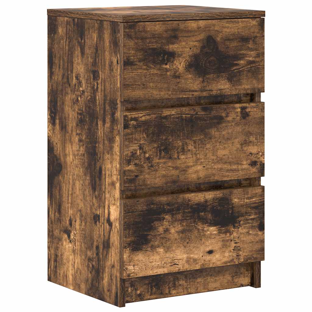 sengebord med 3 skuffer 39x35x65 cm røget egetræsfarve