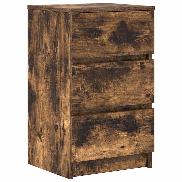 sengebord med 3 skuffer 39x35x65 cm røget egetræsfarve