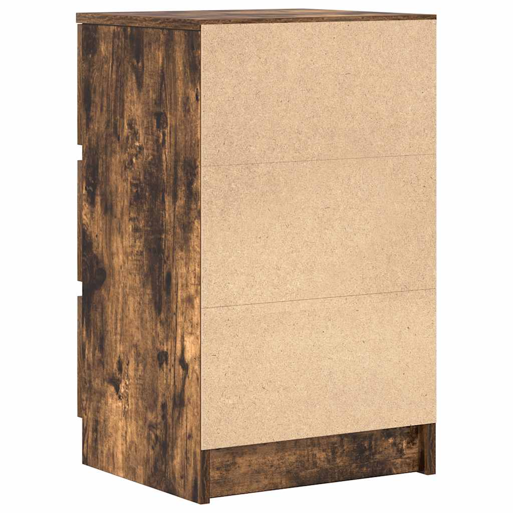 sengebord med 3 skuffer 39x35x65 cm røget egetræsfarve