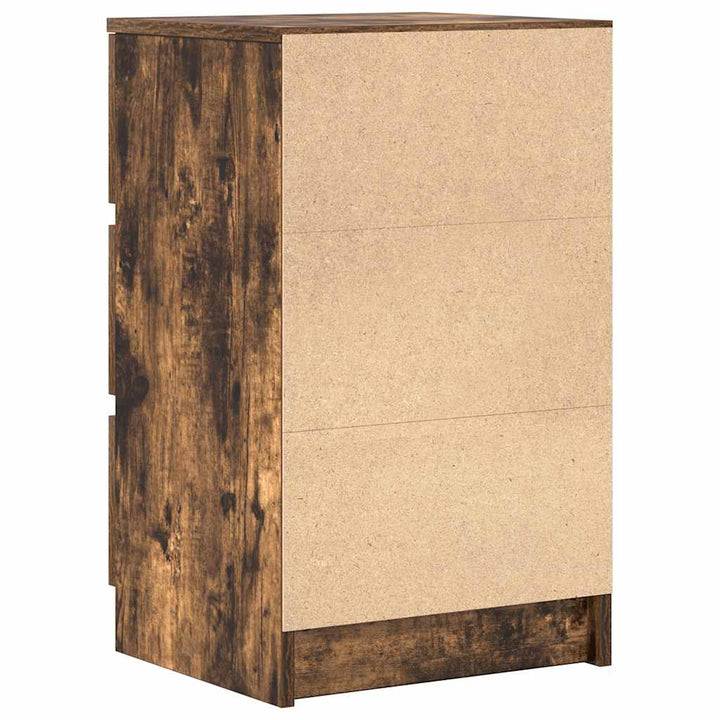sengebord med 3 skuffer 39x35x65 cm røget egetræsfarve
