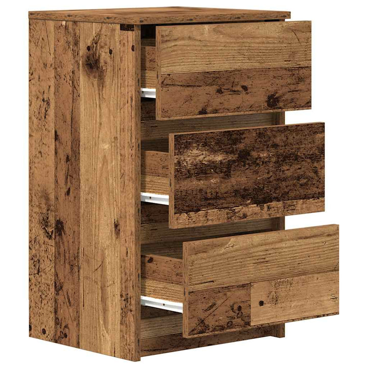 sengebord med 3 skuffer 39x35x65 cm gammelt træ-look