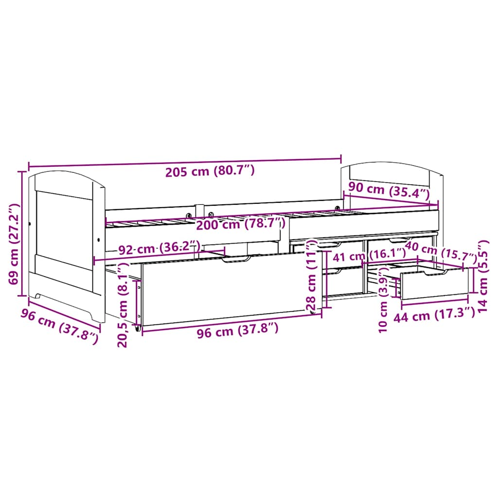 daybed med 5 skuffer uden madras IRUN sort 90x200 cm