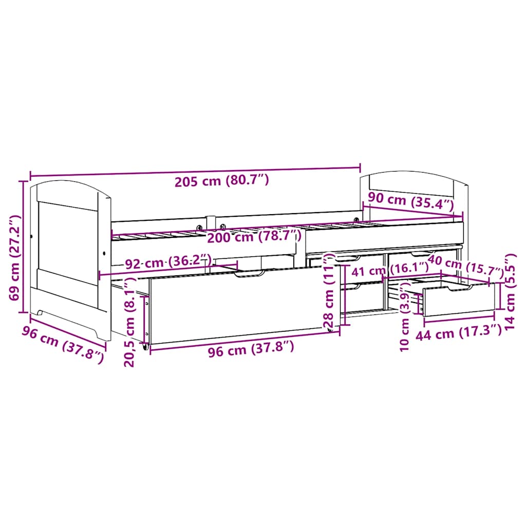 daybed med 5 skuffer uden madras IRUN hvid og lyserød 90x200 cm