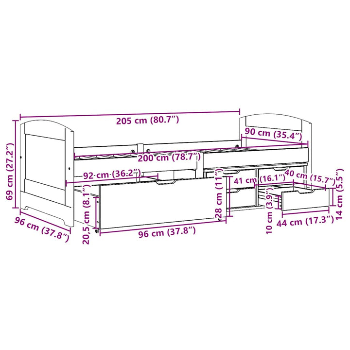 daybed med 5 skuffer uden madras IRUN hvid og lyserød 90x200 cm