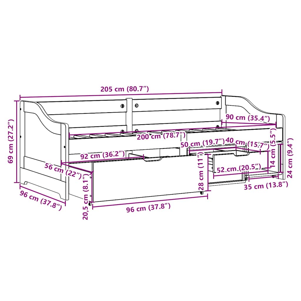 daybed med tre skuffer uden madras IRUN hvid&lyserød 90x200 cm