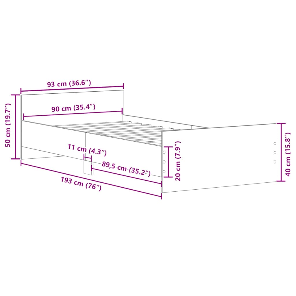 Sengeramme uden madras 90x190cm konstrueret træ antikt træ