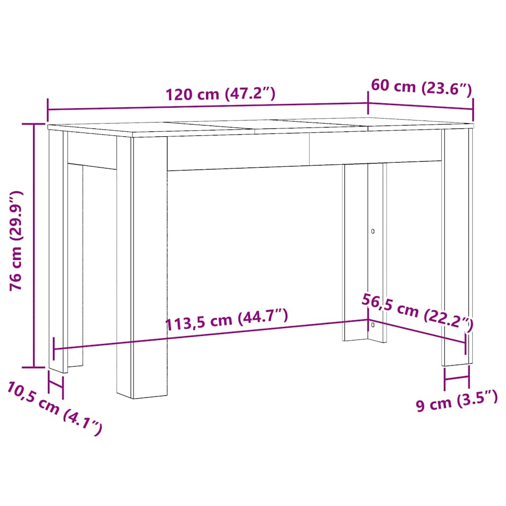 spisebord 120x60x76 cm konstrueret træ sort egetræsfarve