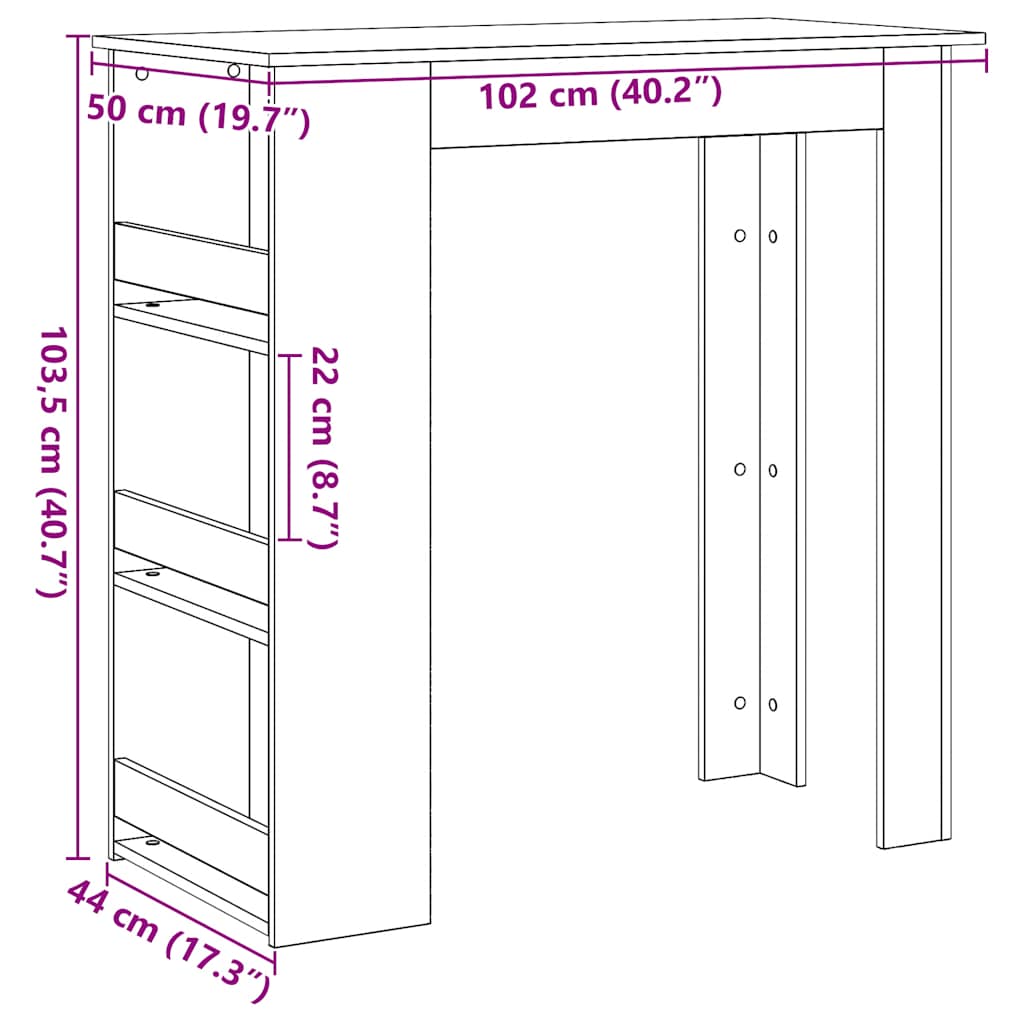 barbord med opbevaringsstativ 102x50x103,5 cm sort egetræsfarve