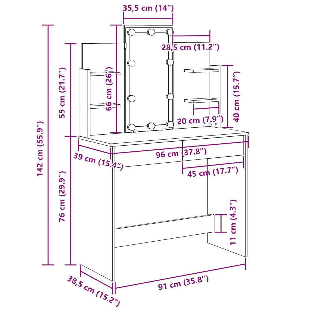 Klædeskab med spejllys Sort eg 96 x 39 x 142 cm Konstrueret træ