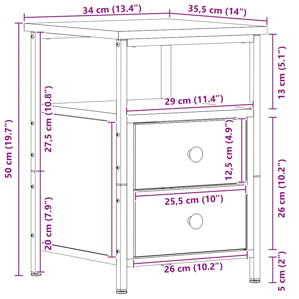 sengebord 34x35,5x50 cm konstrueret træ sort egetræsfarve