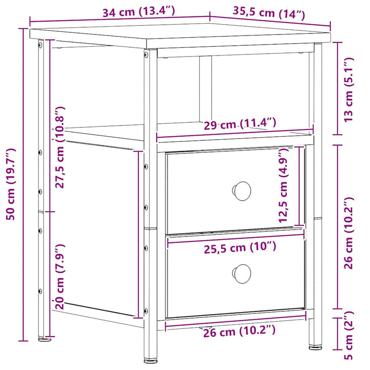 sengebord 34x35,5x50 cm konstrueret træ sort egetræsfarve