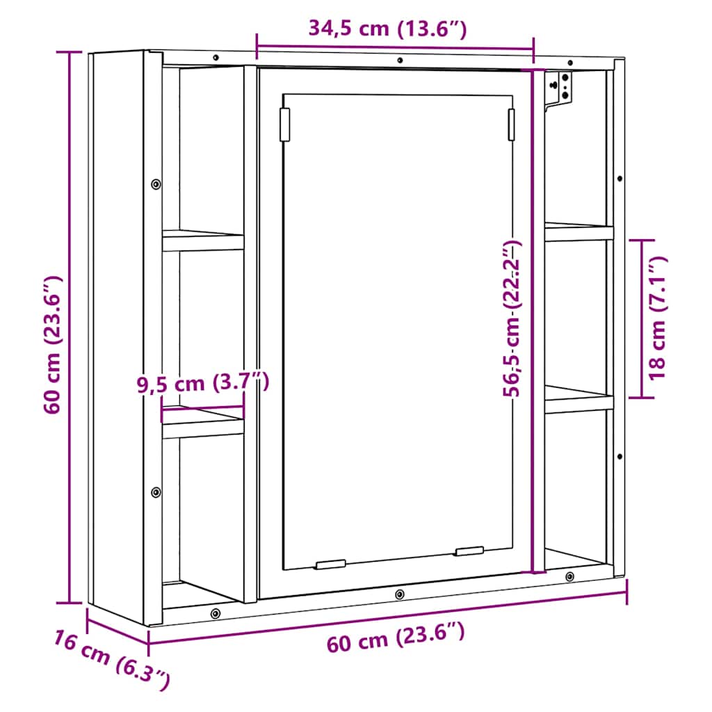 badeværelsesskab + spejl 60x16x60 cm konstrueret træ kunsteg