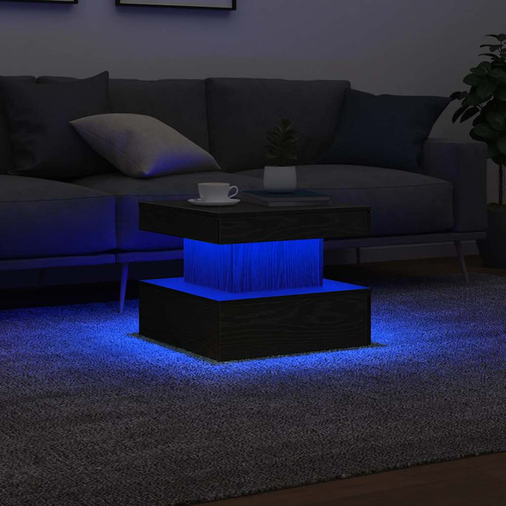 sofabord med LED-lys 50x50x40 cm sort egetræsfarve