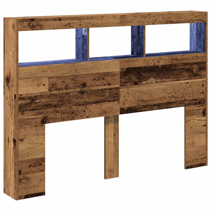 sengegavl med opbevaring og LED-lys 140x17x102 cm antikt træ