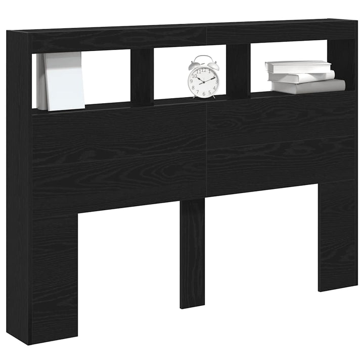sengegavl med opbevaring og LED-lys 140x17x102 cm sort eg