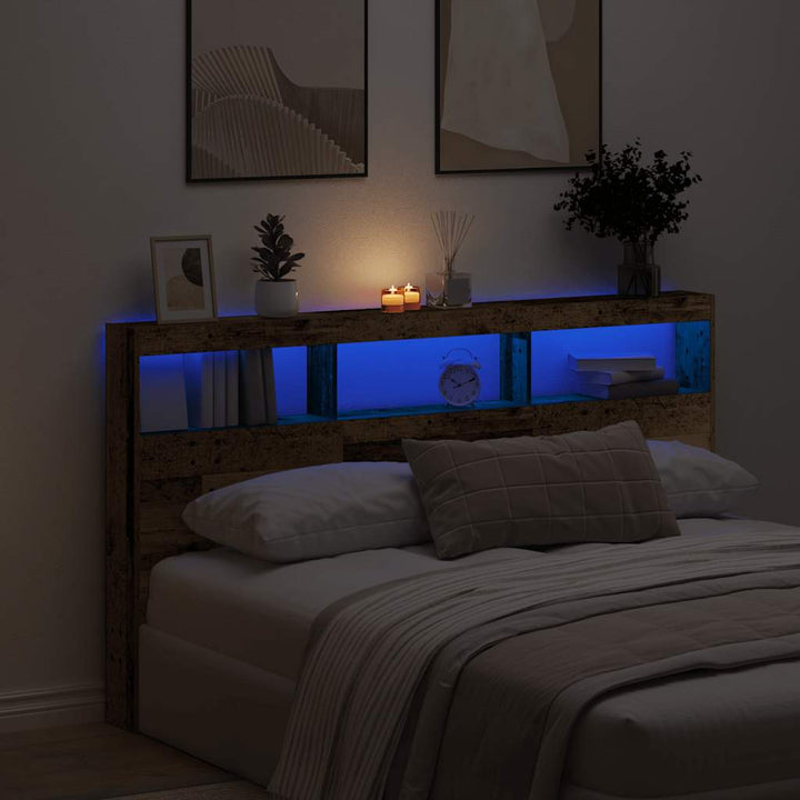 sengegavl med opbevaring og LED-lys 180x17x102 cm antikt træ