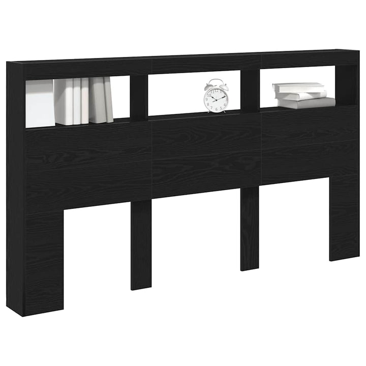 sengegavl med opbevaring og LED-lys 180x17x102 cm sort eg