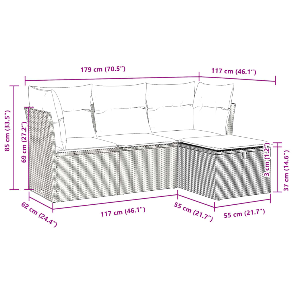 sofasæt til haven 4 dele med hynder polyrattan grå