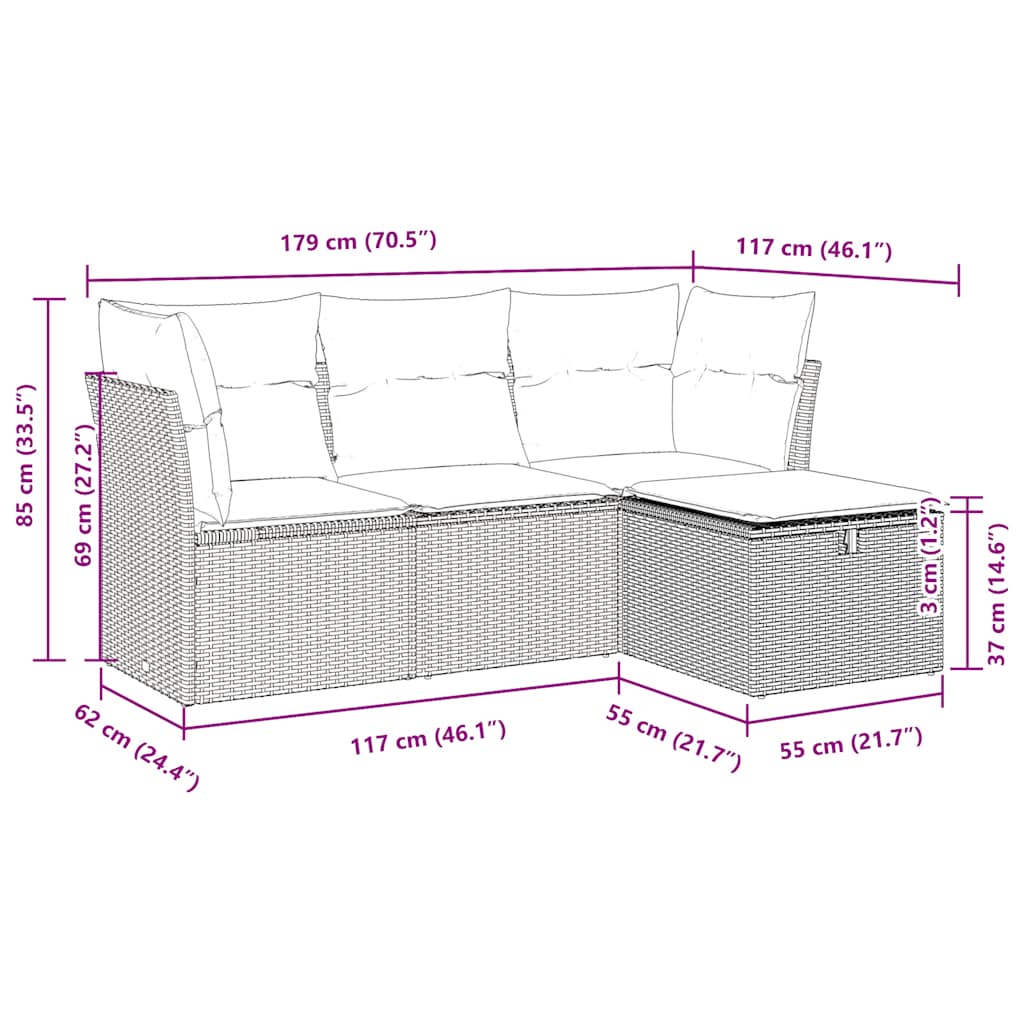 sofasæt til haven 4 dele med hynder polyrattan grå