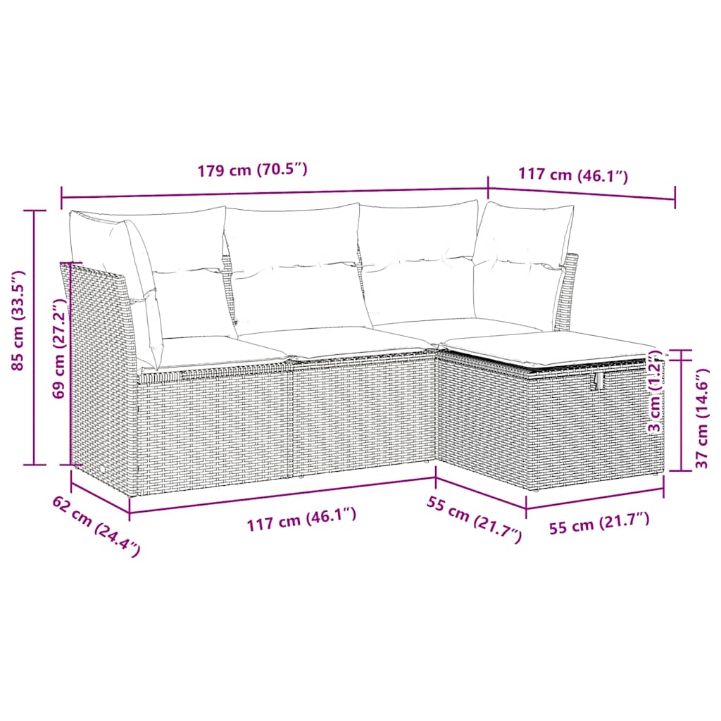 sofasæt til haven 4 dele med hynder polyrattan brun